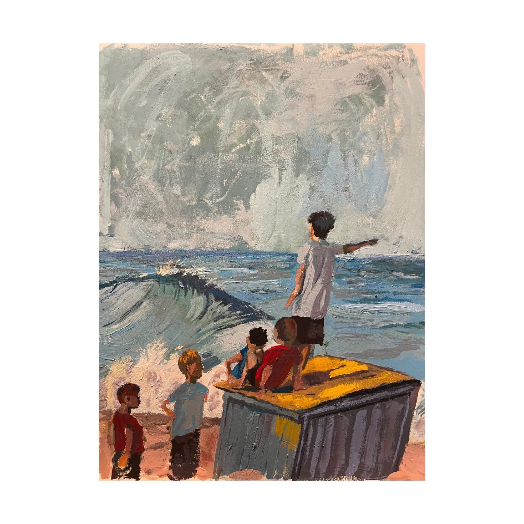 A small painting of children playing at the beach