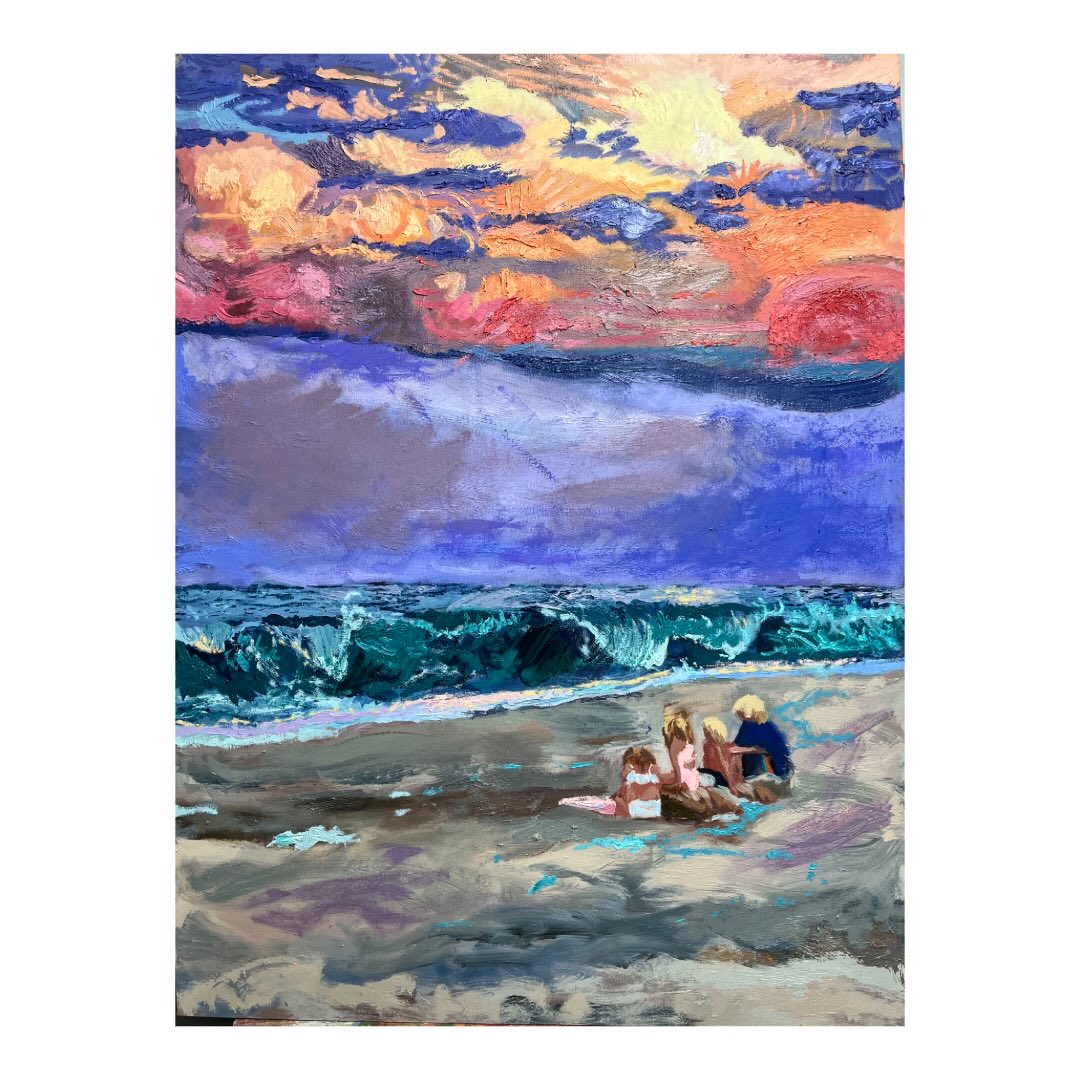 A vibrant painting of children on the beach at sunset